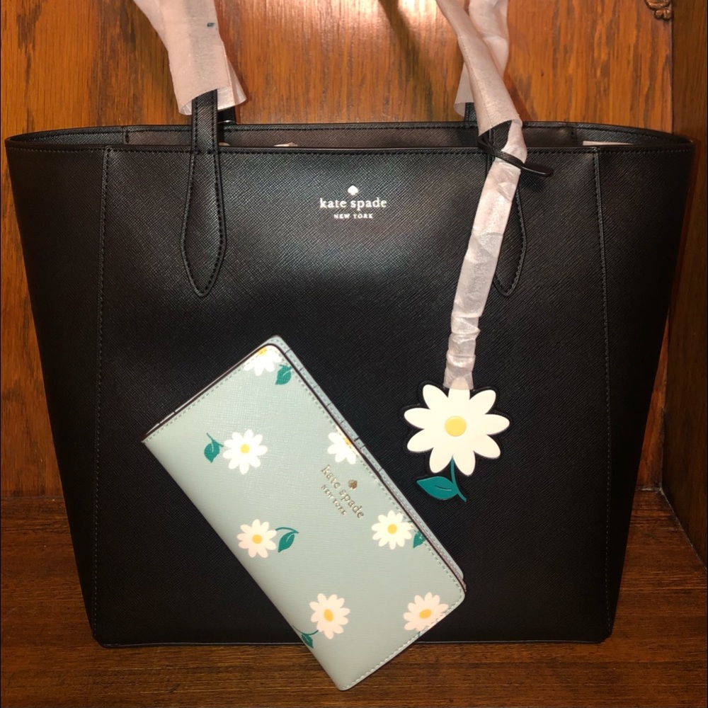 NWT-Kate Spade-SET-Black Dana Daisy Tote & Aphrodite Green Lg Slim Bifold Wallet